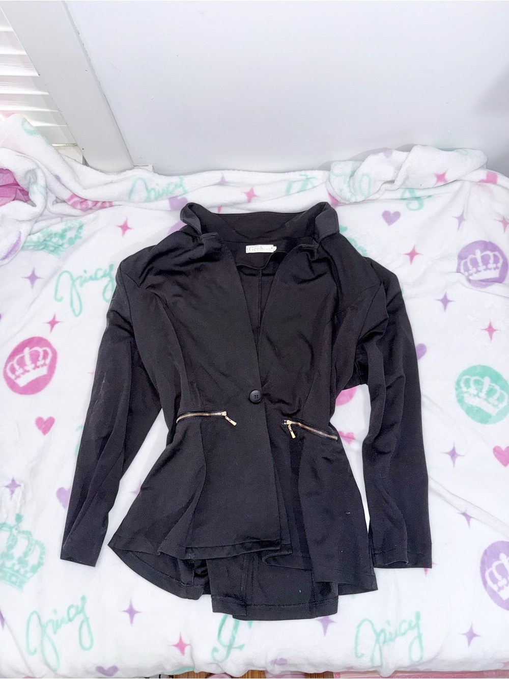 Genhoo Plus Size 2XL Black Blazer Jacket Gold Zipper Accents